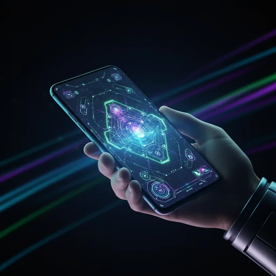 Main tenant un smartphone avec une interface utilisateur lumineuse