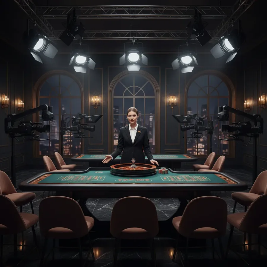 Croupier à une table de roulette entre des caméras de studio