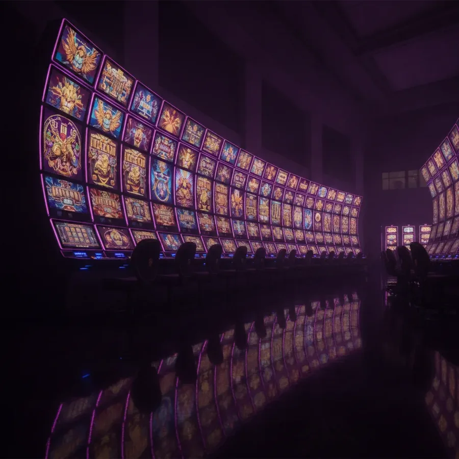 Rangée d'écrans de machines à sous vidéo lumineux dans une salle de casino sombre